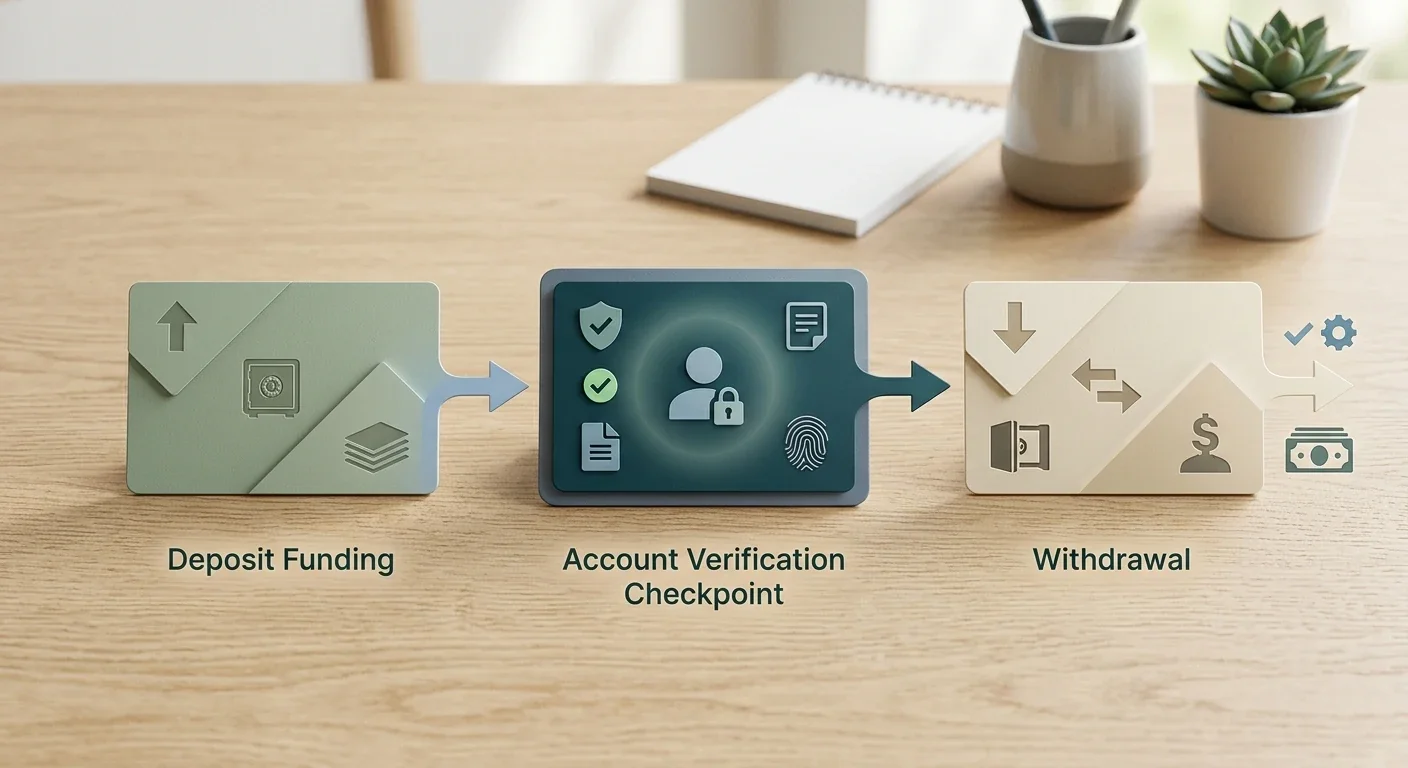 Neutral payment flow from deposit through account checks to withdrawal