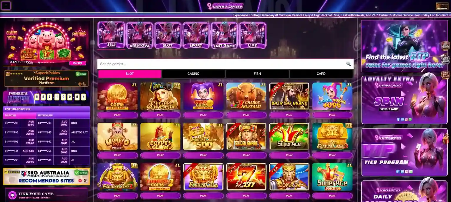 Current Cuntspin game lobby showing pokies and available casino game categories