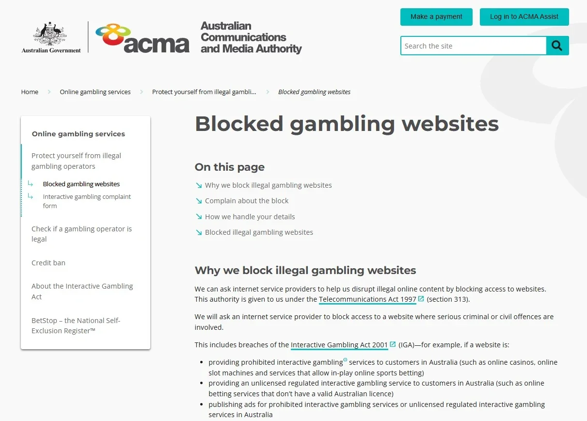 ACMA blocked gambling websites page showing Australian regulatory enforcement context