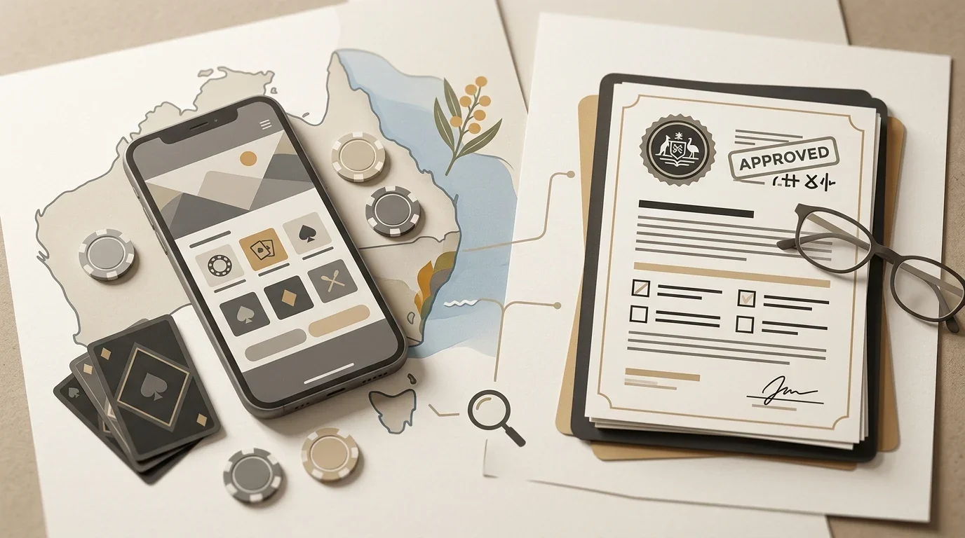 Editorial illustration of an Australian mobile casino review with regulator-aware visual cues