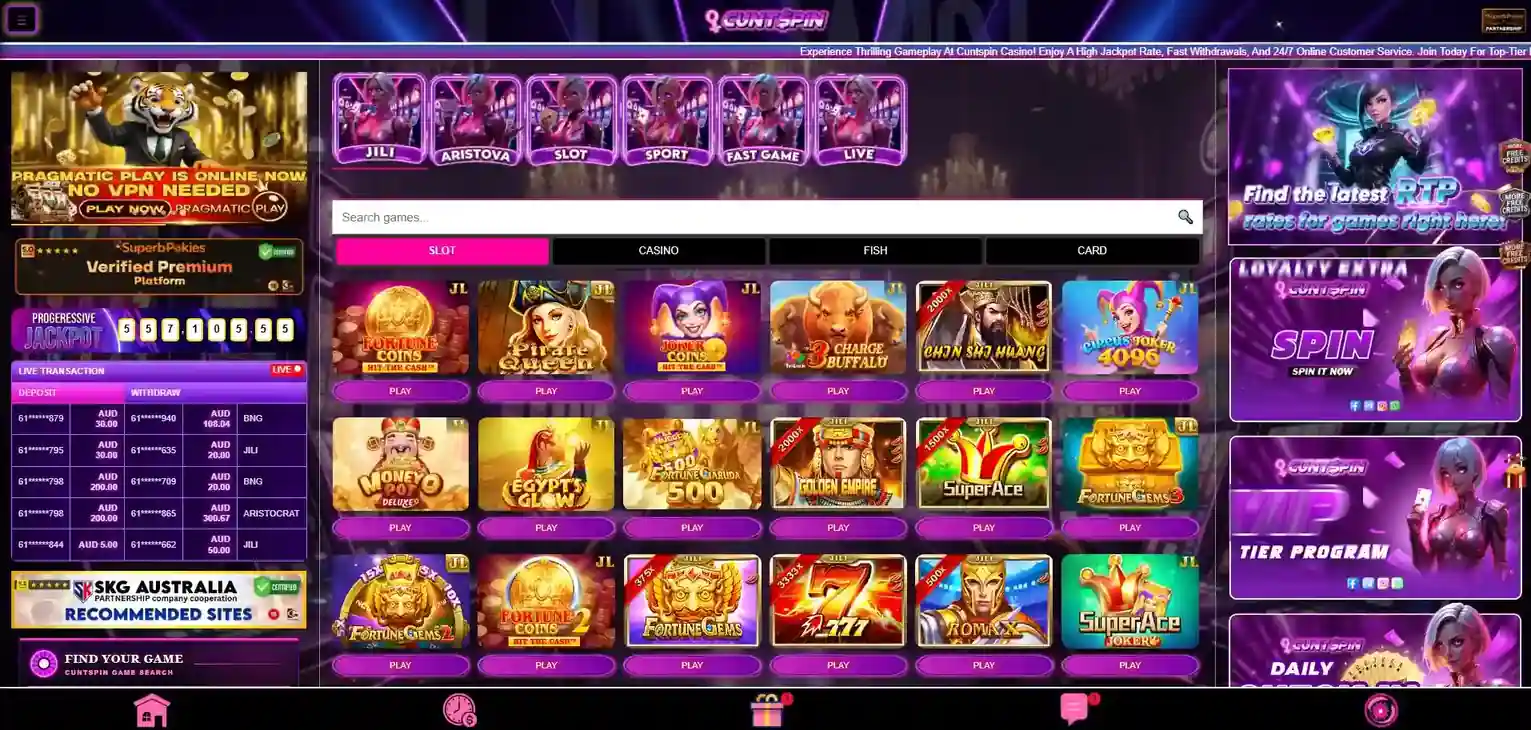 Current Cuntspin homepage or lobby interface
